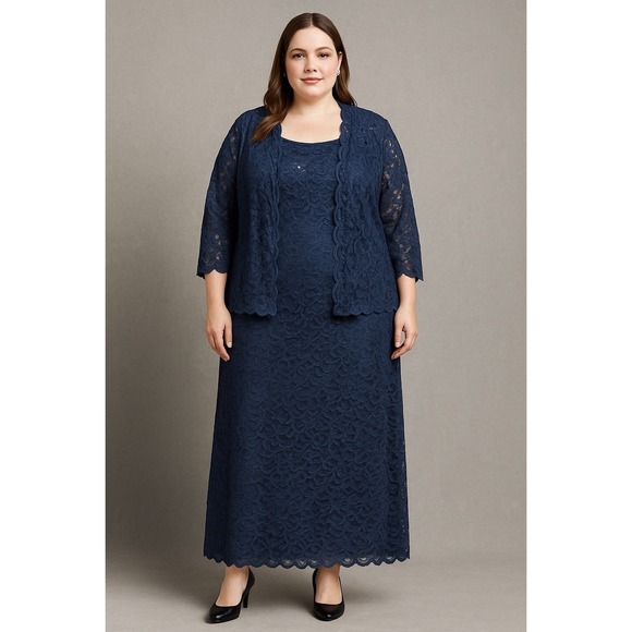 Alex Evenings Navy Blue Lace 2 Piece Dress Jacket Set Formal 22W Mother Bride - Picture 1 of 10